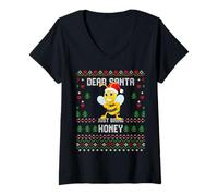 Donna Maglione Natalizio Dear Santa Bee Beekeeper Christmas Honey Ugly Maglietta con Collo a V