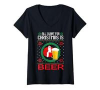 Donna Maglione Natalizio Divertente con Scritta all I Want for Christmas Is Beer Maglietta con Collo a V