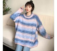 Donna Maglione Pullover Top Arcobaleno a Righe Manica Lunga Larga