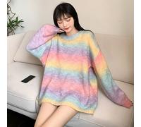 Donna Maglione Pullover Top Arcobaleno a Righe Manica Lunga Larga
