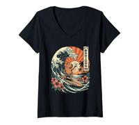 Donna Mahjong Time Capybara Surf Retro Wave Tramonto Maglietta con Collo a V