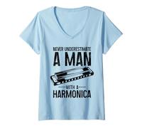 Donna Mai Sottovalutare Un Uomo con Un armonicista Maglietta con Collo a V