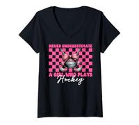 Donna Mai sottovalutare una ragazza che gioca a hockey Coquette Bow Maglietta con Collo a V