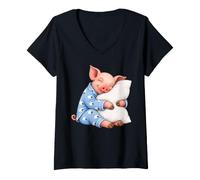 Donna Maiale Che Dorme in Pigiama Carino Sonno Maglietta con Collo a V