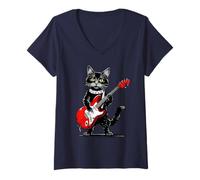 Donna Maine Coon Cat Vintage Che Suona Chitarra Gust gpitten Maglietta con Collo a V