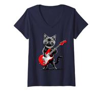Donna Maine Coon Cat Vintage Che Suona Chitarra Gust gpitten Maglietta con Collo a V