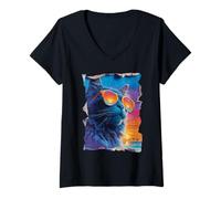 Donna Maine Coon in Occhiali da Sole Sunset Beach Tropical Summer Vibes Maglietta con Collo a V