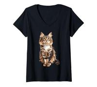 Donna Maine Coon Maine Coon Ritratto ad Acquerello Maglietta con Collo a V