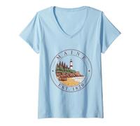 Donna Maine Retro State 1820 Lighthouse Pine Coast Maglietta con Collo a V