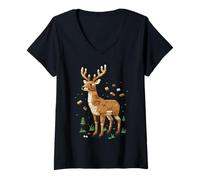 Donna Majestic Deer with Brick and Forest Elements Maglietta con Collo a V