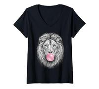 Donna Majestic Lion Blowing Pink Bubble Gum Art Maglietta con Collo a V