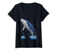 Donna Majestic Whale Leaping from Water with Brick Maglietta con Collo a V