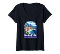 Donna Makarska Croazia Travel Art Emblema Vintage Maglietta con Collo a V