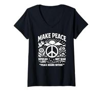 Donna Make Peace Spread Love Not War Retro Segno della Pace Colomba Floreale Maglietta con Collo a V