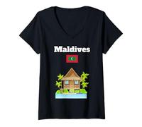 Donna Maldive souvenir bungalow sull'acqua palma bandiera delle Maldive Maglietta con Collo a V