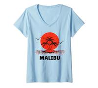 Donna Malibu. 80s Palm Sunset. Tropical Beach Summer. Maglietta con Collo a V