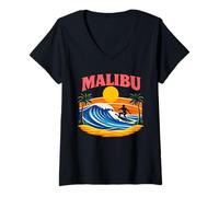 Donna Malibu Beach California Surf Tramonto Souvenir Maglietta con Collo a V