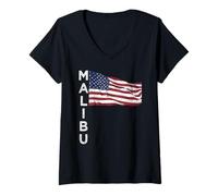 Donna Malibu Spiaggia California USA Bandiera American Los Angeles Cali Maglietta con Collo a V