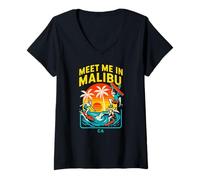 Donna Malibu Surfer Meet Me in Malibu Retro Surfs Up da Uomo Maglietta con Collo a V