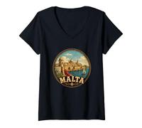 Donna Malta Viaggio Vintage Isola Mediterraneo Design Maglietta con Collo a V