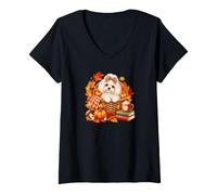 Donna Maltese Foglie Autunnali zucche Cane d'Autunno Maglietta con Collo a V
