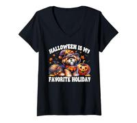 Donna Maltese Shih Tzu Graphic Halloween Is My Favorite Holiday Maglietta con Collo a V