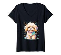 Donna Maltipoo carino in stile cartoon con sfondo a schizzi Maglietta con Collo a V