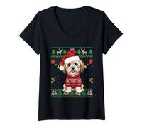 Donna Maltipoo, Maglione Natalizio con Cane Che Indossa Un Brutto Maglione Natalizio Maglietta con Collo a V