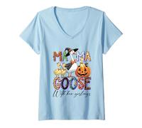 Donna Mama Goose Camicia Carino Halloween Strega Zucca Famiglia Maglietta con Collo a V
