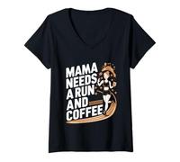 Donna Mama Needs A Run And Coffee |----- Maglietta con Collo a V