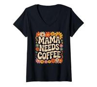 Donna Mama Needs Coffee, Motivo Floreale a Forma di Margherita, Stile retrò Maglietta con Collo a V