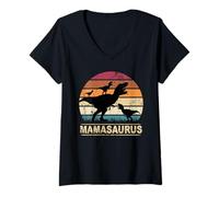 Donna Mamasaurus T-Rex Dinosauro Dino Tripletta - Mamma con Tre Bambini Maglietta con Collo a V