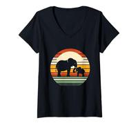 Donna Mamma Elefante e Bambino Wildlife Love Retro Safari Maglietta con Collo a V