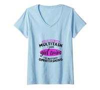 Donna Mamma Multitasking - Due Figlie gemelle Maglietta con Collo a V