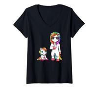 Donna Mamma Unicorno Simpatica E Divertente con Il Suo Piccolo Maglietta con Collo a V