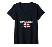 Donna Manchester England Bandiera dell'Inghilterra Maglietta con Collo a V