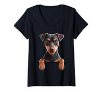 Donna Manchester Terrier Carino Sbirciando Nero e Tan Dog Lover Maglietta con Collo a V