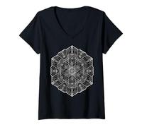 Donna Mandala Esagonale Geometria Sacra Maglietta con Collo a V