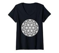 Donna Mandala Gotico Fiore della Vita Geometrico Blackwork Maglietta con Collo a V