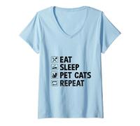 Donna Mangia Dormire Animale domestico Gatti Ripeti Amante Gatto Felino Pet Miao Amore Gatto Maglietta con Collo a V