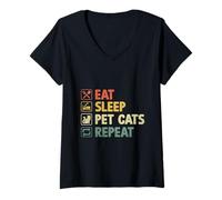 Donna Mangia Dormire Animale domestico Gatti Ripeti Amante Gatto Felino Pet Miao Amore Gatto Maglietta con Collo a V