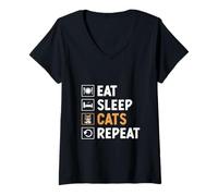 Donna Mangia Dormire Gatti Amante Gatti Felino Pet Miao Amore Gatti Maglietta con Collo a V