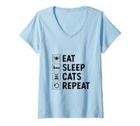 Donna Mangia Dormire Gatti Amante Gatti Felino Pet Miao Amore Gatti Maglietta con Collo a V