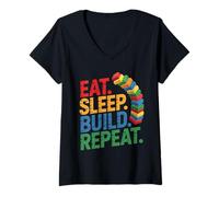 Donna Mangiare Dormire Costruire Ripeti Master Builder Mattoni Blocchi Maglietta con Collo a V