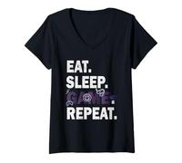 Donna Mangiare Dormire Gioco Ripetere Videogiochi Hobby Divertente Uomini Donne Maglietta con Collo a V