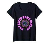 Donna Mangiare Dormire Rave Ripetere Sole Elettrico Buone Vibes Raving Maglietta con Collo a V