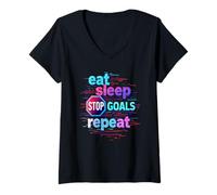 Donna Mangiare Sonno Stop Goals Ripeti Anti Hustle Loungewear Night Maglietta con Collo a V
