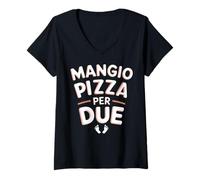 Donna Mangio Pizza Per Due Donna Divertenti Gravidanza Maglietta con Collo a V