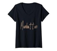 Donna Manhattan New York City Design vintage elegante Maglietta con Collo a V