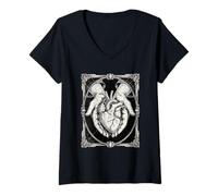 Donna Mani Che Tiene Anatomico Cuore Gotico Barocco Line Art Style Maglietta con Collo a V